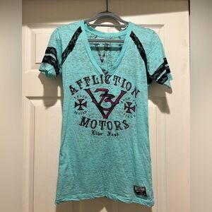 Affliction Teal and Black Graphic Burn Out Tee Size M